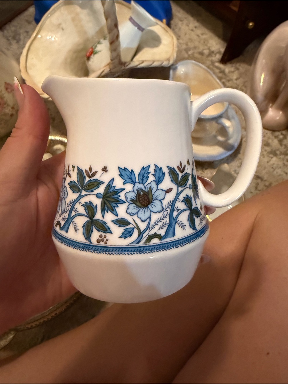White Ceramic Floral Pitcher with Blue and Green Pattern